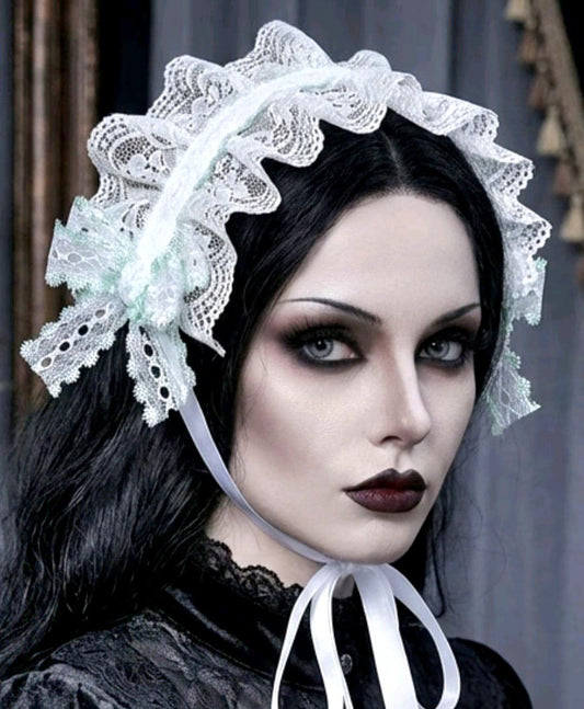 White Mint Green Lace Lolita Headpiece Head Band - Steampunk Maid Gothic Emo - Oh My Gothness