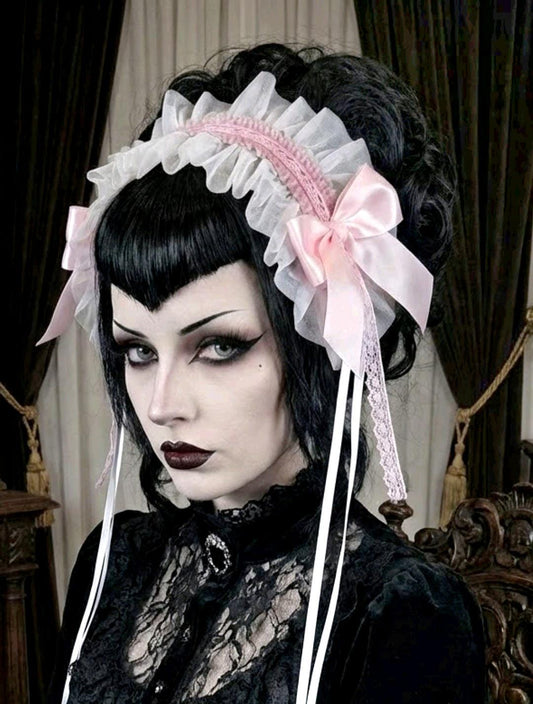 White Pink Lace Satin Lolita Headpiece Head Band - Steampunk Maid Gothic Emo - Oh My Gothness