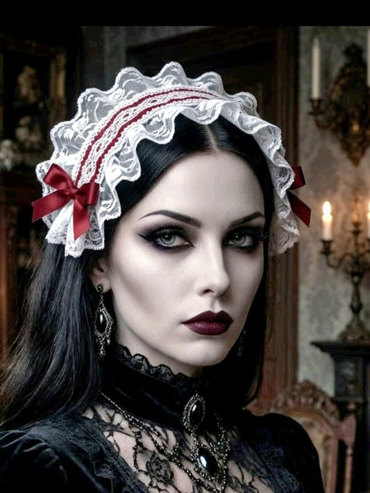 White Red Gingham Lace Satin Lolita Headpiece Head Band - Steampunk Maid Gothic Emo Cute - Oh My Gothness