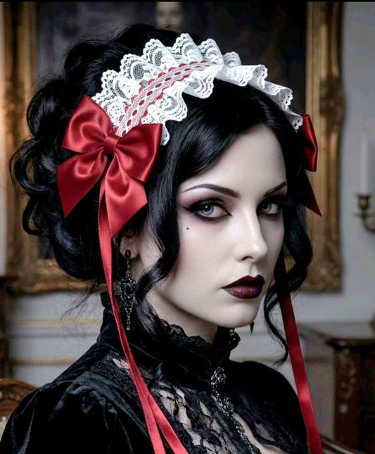 White Red Lace Satin Lolita Headpiece Head Band - Steampunk Maid Gothic Emo - Oh My Gothness