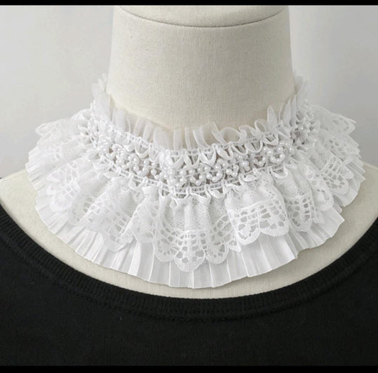 White Satin & Lace Choker Neck Ruff Collar With Tiny Pearl Detail- Steampunk Gothic Costume Whitby - Oh My Gothness