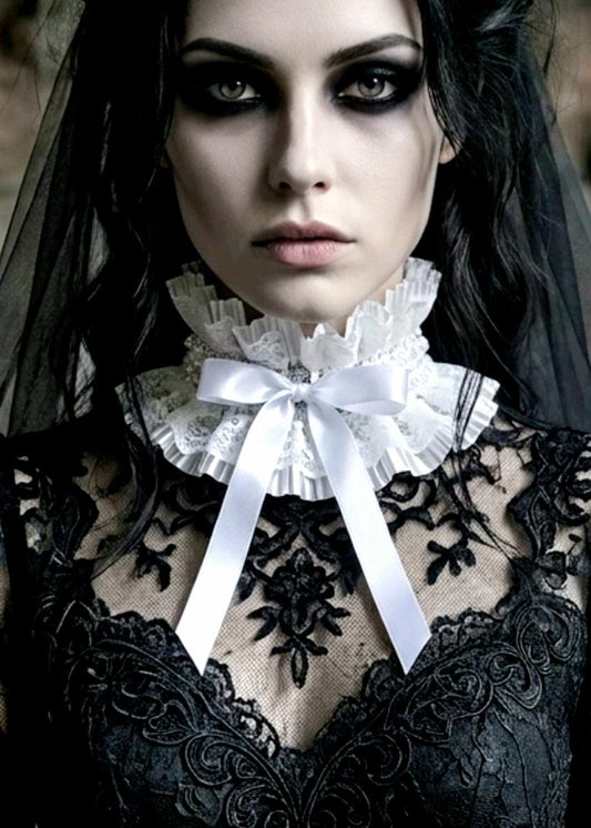 White Satin & Lace Choker Neck Ruff Collar With Tiny Pearls - Steampunk Gothic Costume Whitby - Oh My Gothness