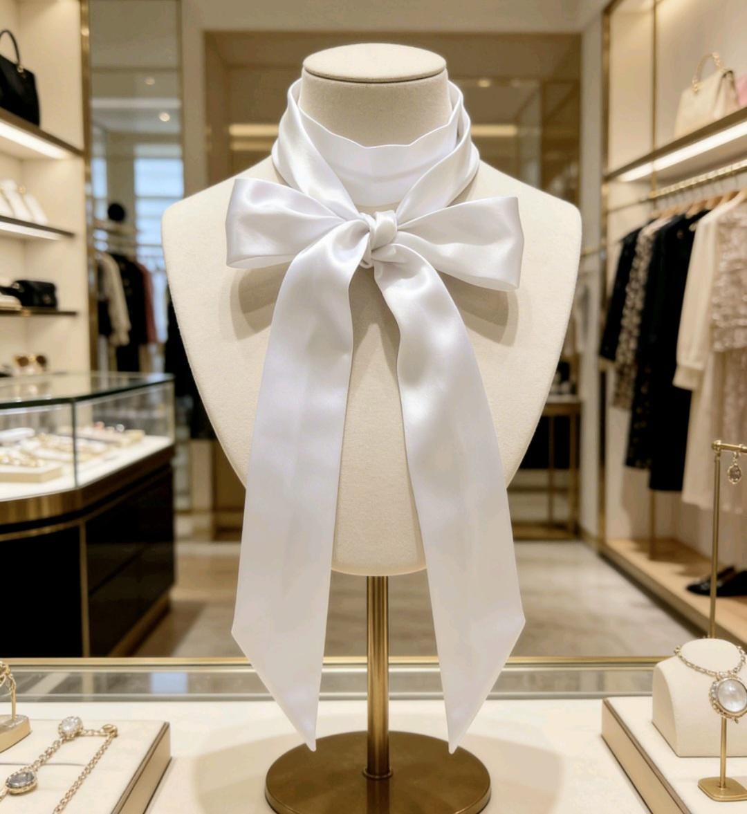 White Satin Skinny Cravat Bow Scarf - Unisex Ladies, Steampunk, Wedding, - Oh My Gothness