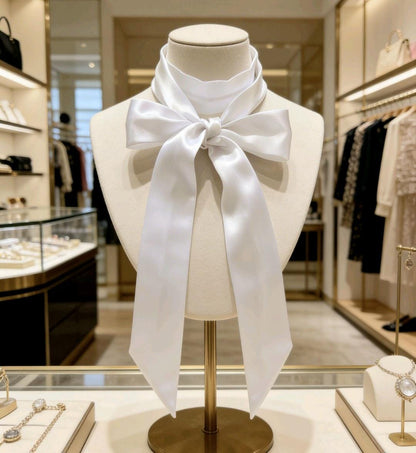 White Satin Skinny Cravat Bow Scarf - Unisex Ladies, Steampunk, Wedding, - Oh My Gothness