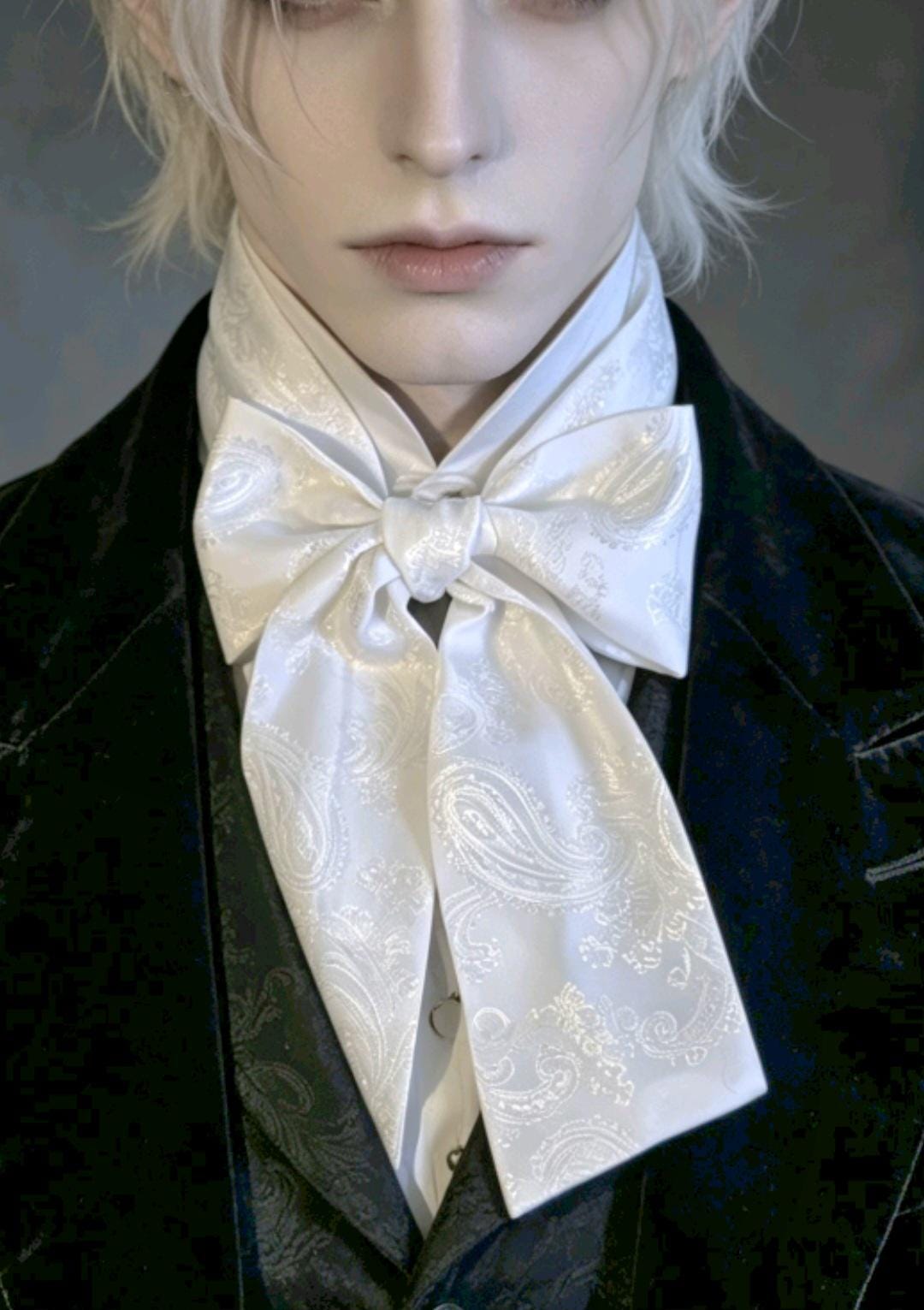 White Silky Paisley Cravat Bow Tie - Steampunk Gothic Victorian Costume Wedding - Oh My Gothness