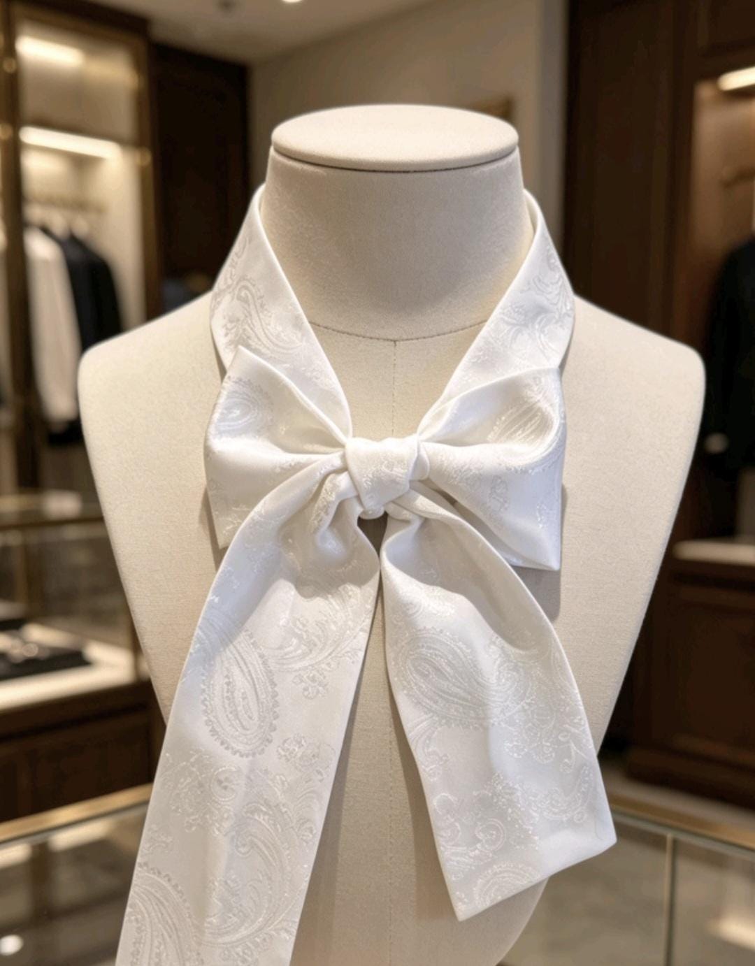 White Silky Paisley Cravat Bow Tie - Steampunk Gothic Victorian Costume Wedding - Oh My Gothness