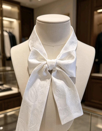 White Silky Paisley Cravat Bow Tie - Steampunk Gothic Victorian Costume Wedding - Oh My Gothness