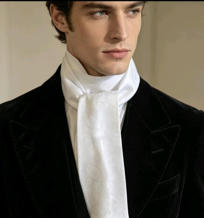 White Silky Paisley Cravat Bow Tie - Steampunk Gothic Victorian Costume Wedding - Oh My Gothness